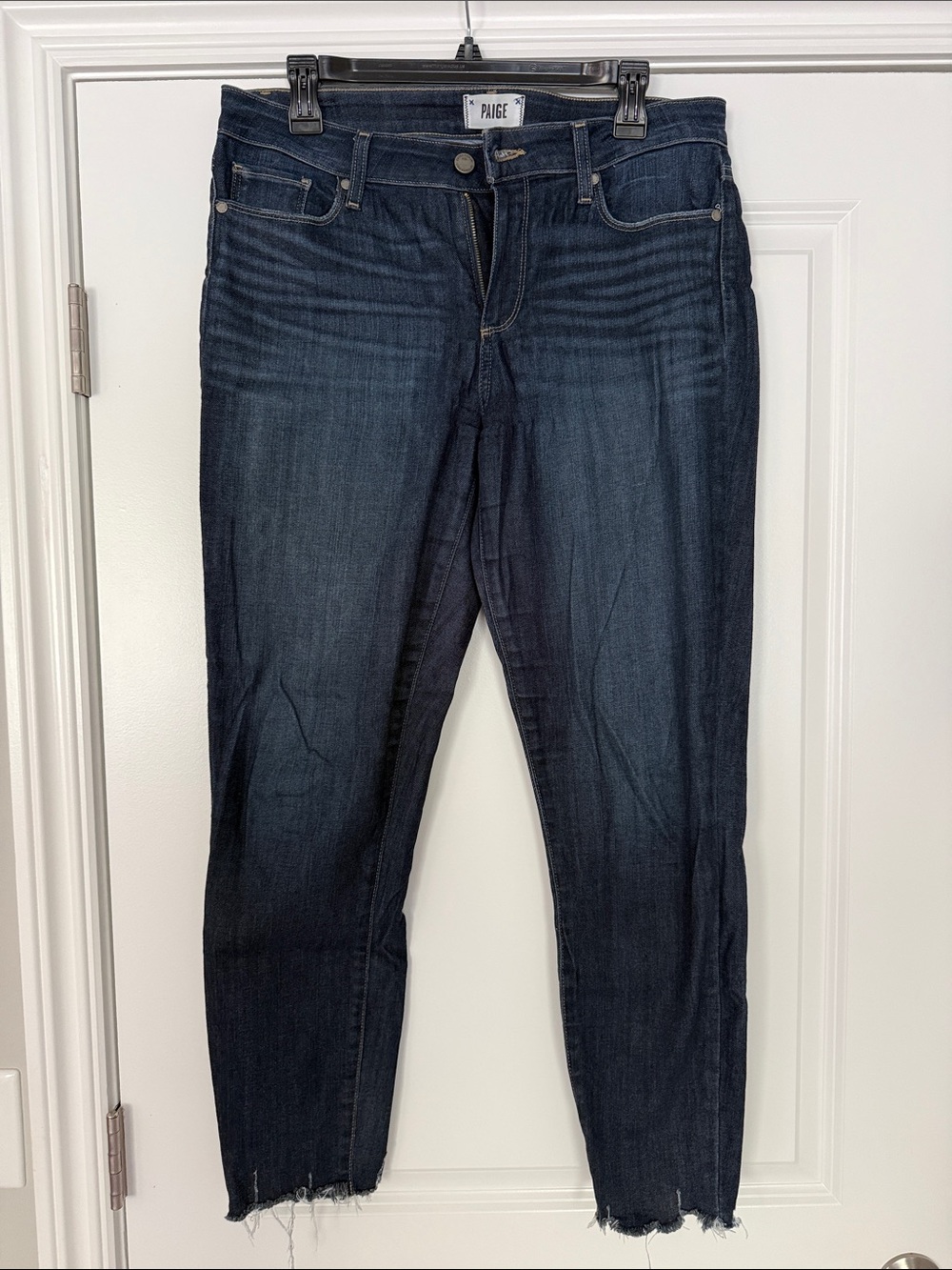PAIGE Dark Indigo Cropped Raw-Hem Skinny Jeans